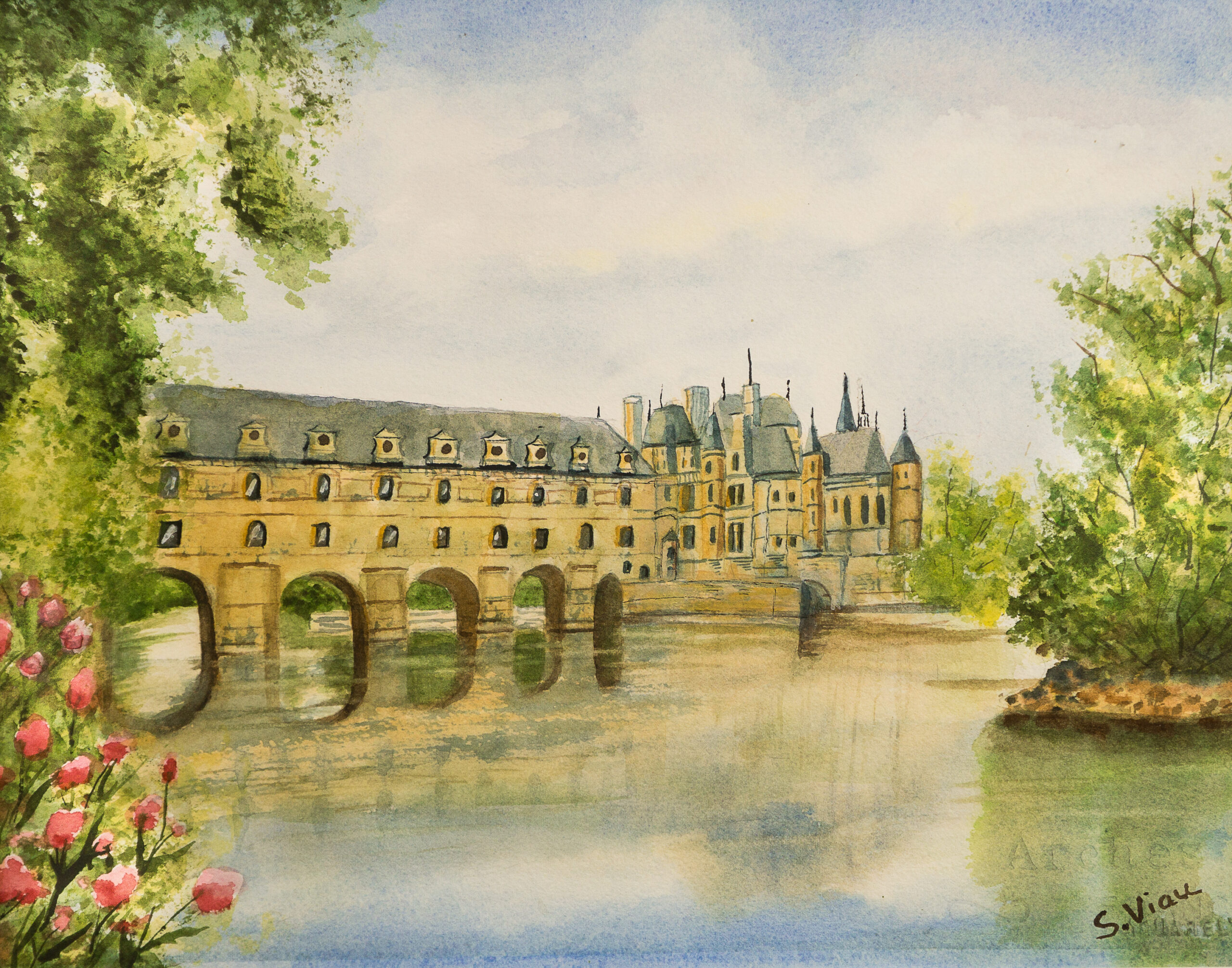 Chenonceau Castle watercolor print, European Architecture Wall Art, France